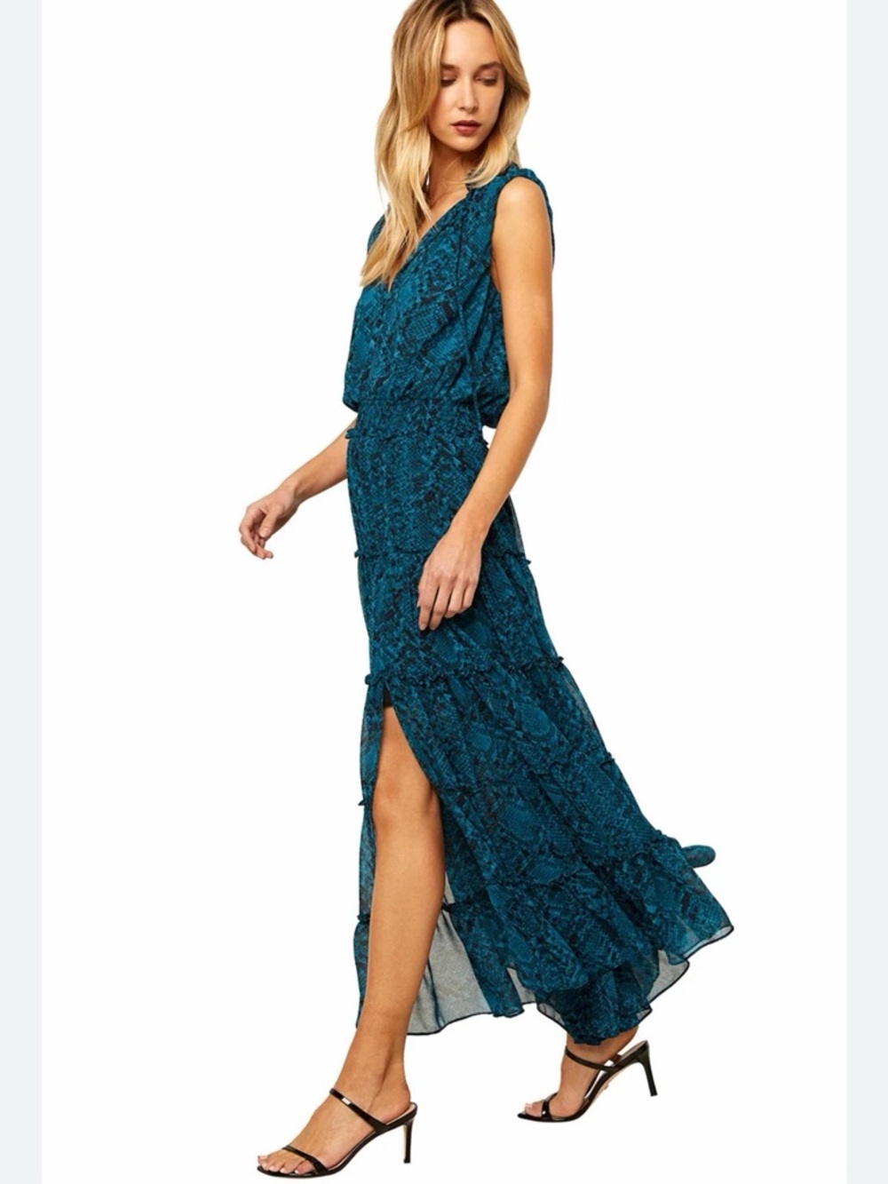 Misa Los Angeles Teal Printed Maxi Dress with Side Slit